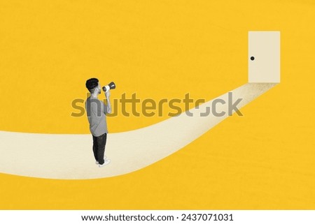 Photo collage standing man hold loudspeaker announce proclaim escape way rescue enter door exit path surreal imagination yellow background