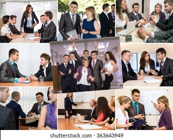 Photo Collage Telling Story Of Business Team Success Nine Images With Typical Working Situations