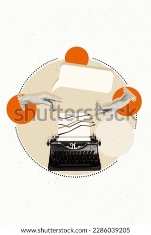 Photo collage tempate fingers connect together idea texting vintage mechanical keyboard communication isolated on white background