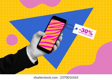 Photo collage template artwork of hand holding smartphone touchscreen label 30 percent discount buy price isolated on drawn background