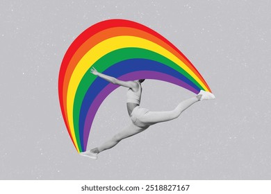 Photo collage trend artwork composite sketch image of lbgt freedom gay gender tolerance young woman gymnast jump split rainbow color - Powered by Shutterstock