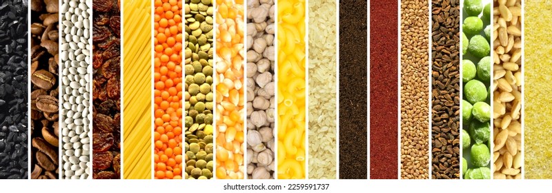 Photo collage of various raw fresh cereals, legumes, spices and vegetables, suitable for website header banner - Shutterstock ID 2259591737