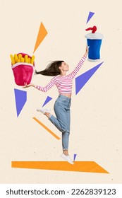 Photo collage of young careless jumping woman hold french fries hold pepsi cola soda cheat meal weekend eat junk food isolated on beige background