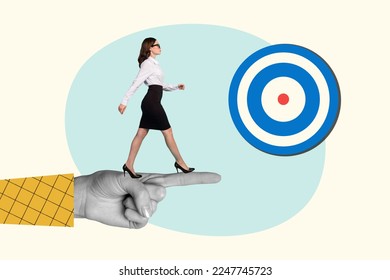 Photo collage of young employer woman walking steps finger direct correct way aim target goal reach success isolated on white background - Shutterstock ID 2247745723
