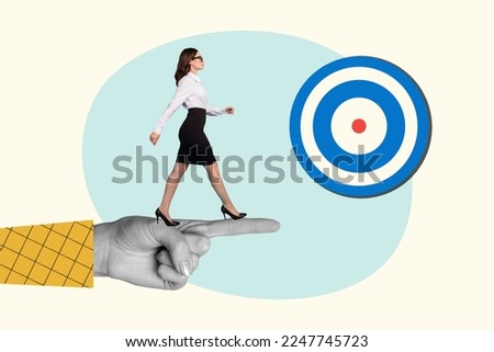 Photo collage of young employer woman walking steps finger direct correct way aim target goal reach success isolated on white background