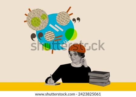 Photo collage young pretty girl sit writing book literature stack thoughtful dreamy mind page text novel story author drawing background