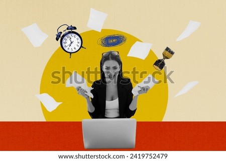 Photo collage young worker woman employee lack time deadline late laptop freelancer secretary sad upset crying countdown