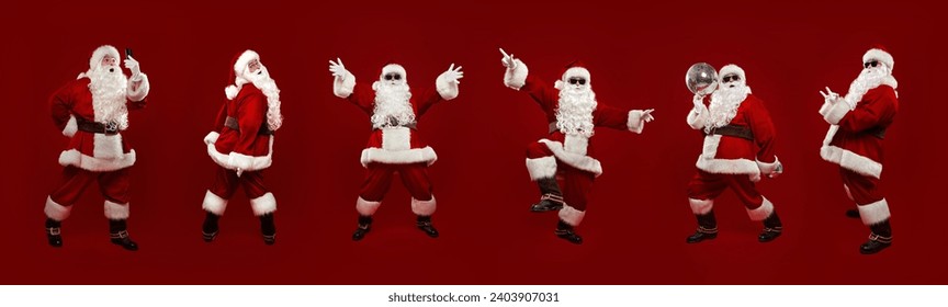 Photo collection of cheerful Santa Clauses dancing on a festive red background. Merry Christmas and a Happy New Year! Party, celebration. Full length photo. - Powered by Shutterstock