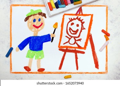 Photo of colorful drawing : Artist painting a portrait. Painter and picture on easel