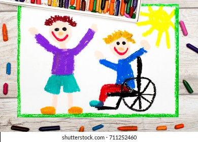 Photo colorful drawing: Smiling boy sitting his wheelchair  Disabled boy and friend