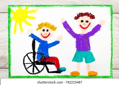 Photo colorful drawing: Smiling boy sitting his wheelchair  Disabled boy and friend