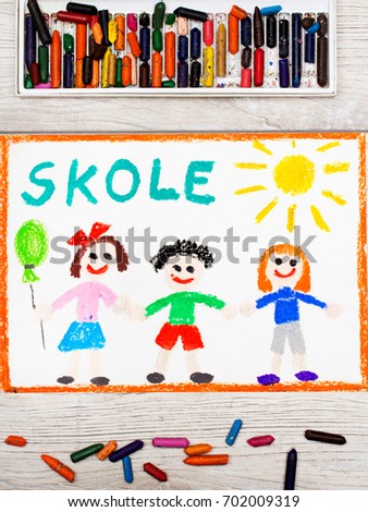 Photo of  colorful drawing: Swedish word SCHOOL and happy children. First day at school. 