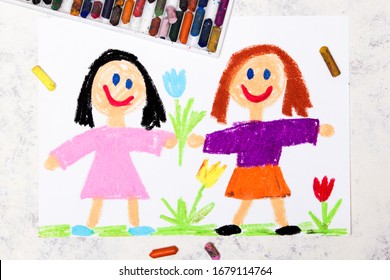 Photo colorful drawing: two smiling girls  Sisters friends 