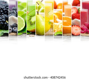 Photo Of Colorful Mix Stripes With Fruit, Slices And Drink; Healthy Food And Drink Concept; White Space For Text