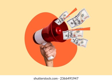 Photo comics magazine collage of hand holding bullhorn speech announce money banknotes loud speaker icon isolated on yellow background