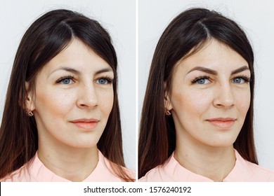 Photo comparison before and after permanent makeup, tattooing of eyebrows for woman in beauty salon