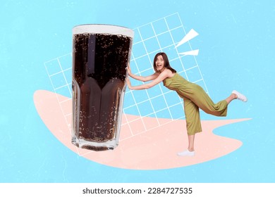 Photo composite minimal collage coca cola template party event day woman push huge glass cup sparkles dark beverage isolated on cyan background