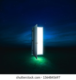 Photo Composite Of An Open Door With A Bright Light Inside Floating In A Meadow At Night/ Dreams And Opportunities Concept / High Contrast Image