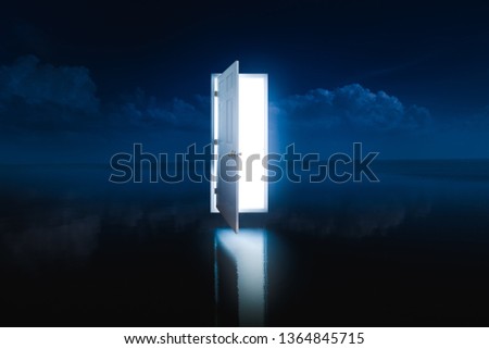 photo composite of an open door with a bright light inside hovering over a lake at night/ dreams and opportunities concept / high contrast image