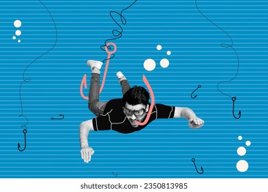 Photo composition of snorkeling collage illustration young man swimming watersport ocean hanging hooks isolated on blue color background