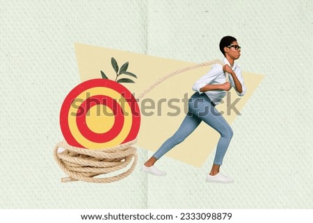 Photo composition template collage of funny young businesswoman pull target her goal accomplishment dartboard isolated on beige background