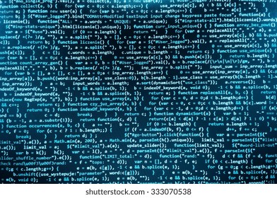 Photo of computer digital background. Hi-tech modern screen of data, digits and chars on monitor. Shallow depth of field, selective focus effect. Code text written and created entirely by myself.