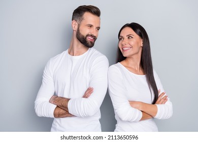 Photo Of Confident Cheerful Young Brother Sister Dressed White Shirts Arms Folded Looking Eyes Isolated Grey Color Background