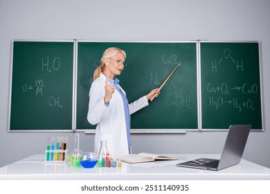 Photo of confident intelligent senior woman teacher wear white coat distance education isolated on green board background - Powered by Shutterstock