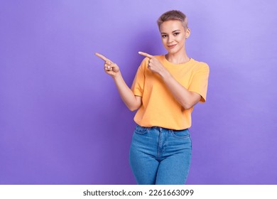 Photo of confident nice pretty woman short white hair wear casual stylish outfit point fingers empty space trend isolated on violet color background