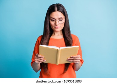 Photo Of Confident Person Hands Holding Book Reading Eyewear Isolated On Pastel Blue Color Background