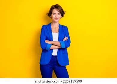 Photo of confident successful business lady crossed arms wear blue formal suit enjoy her office administrator job isolated on yellow color background - Powered by Shutterstock