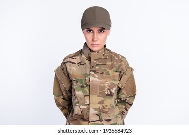 Photo of confident young military girl look attentively camera calm face isolated on white color background - Powered by Shutterstock