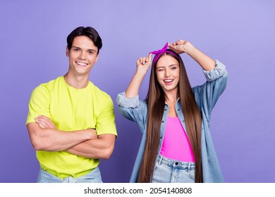 Photo Of Confident Youngster Friends Enjoy 90s Party Wear Pin-up Outfit Isolated Violet Color Background