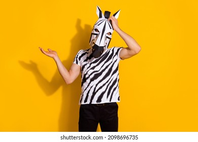 Photo Of Confused Stupid Guy Dressed Wild Animal Arm Hand Head Forget Important Thing Isolated Yellow Color Background