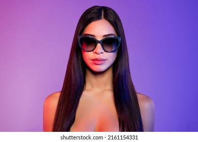 Photo of cool charming young woman naked shoulders wear sunglass flawless skin isolated on gradient background