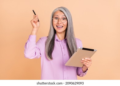 Photo Of Cool Grey Hairdo Old Lady Hold Tablet Yell Wear Eyewear Purple Shirt Isolated On Beige Color Background