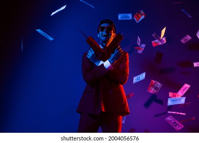 Photo Of Cool Sweet Young Guy Dressed Formal Suit Glasses Smiling Dancing Shooting Money Gun Isolated Gradient Blue Color Background