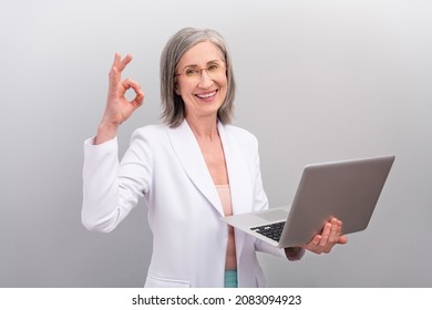 Photo Of Cool White Hairdo Old Bossy Lady Hold Laptop Show Okey Wear Spectacles Jacket Isolated On Grey Color Background