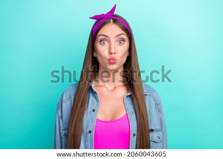 Photo of coquette lovely millenial lady wear pink hairband jeans shirt isolated on turquoise color background