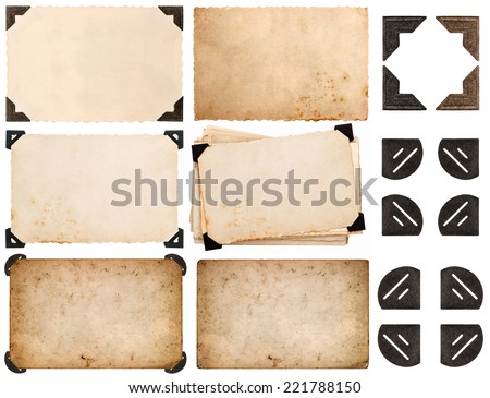 photo corner, old photo card, aged paper isolated on white background