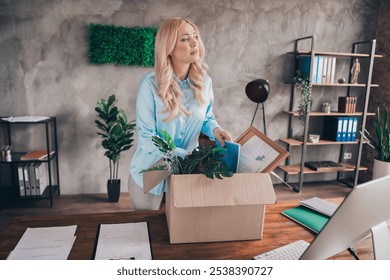 Photo of corporate worker lady packing belongings box think wear shirt modern loft interior office indoors - Powered by Shutterstock