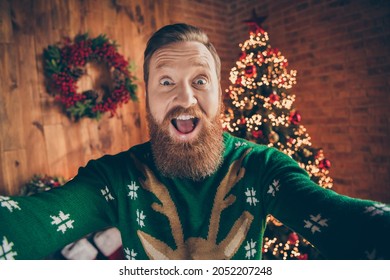 Photo Of Crazy Amazed Funny Guy Make Selfie Open Mouth Omg Reaction Wear Deer Pullover Decorated Office Indoors