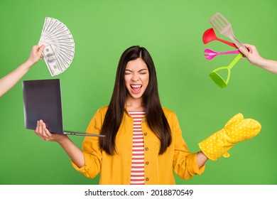 Photo of crazy brown haired young woman wear yellow shirt scream overworked laptop cook money isolated on green color background