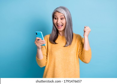 Photo of crazy ecstatic old woman use smartphone impressed social media like feedback win raise fists scream yes wear jumper isolated over blue color background