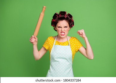 Photo of crazy evil furious lady curlers hairdo housewife hold rolling pin angry yell raise fist hate people step her kitchen wear pinup dotted dress apron isolated green color background