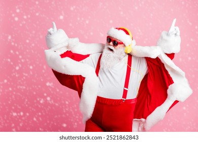 Photo crazy funky cool beard santa claus enjoy listen stereo volume music headphones holly jolly newyear x-mas christmas songs wear pants suspenders sunglass isolated pastel color background - Powered by Shutterstock