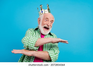 Photo Of Crazy Funky Happy Old Grandpa Dancer King Look Empty Space Cool Isolated On Pastel Blue Color Background