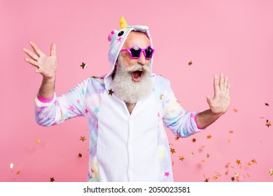 Photo Of Crazy Funky Old Man Dance Open Mouth Confetti Fall Wear Sunglass Kigurumi Isolated Pink Color Background