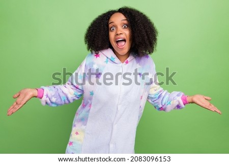 Photo of crazy funny lady open mouth sale shopping concept wear soft warm overall isolated green color background