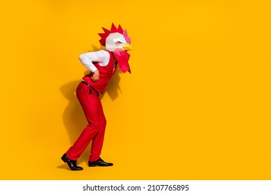Photo of crazy guy entertaining carnival give absurd performance wear rooster mask red suit isolated yellow color background